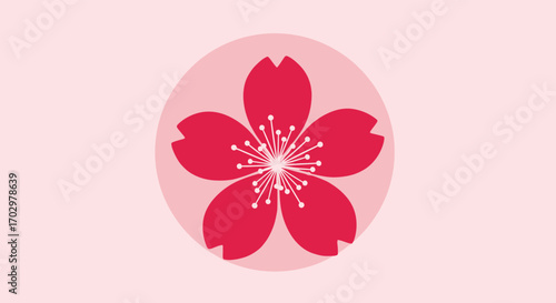 Vibrant red cherry blossom icon on soft pink background, symbolizing spring and renewal