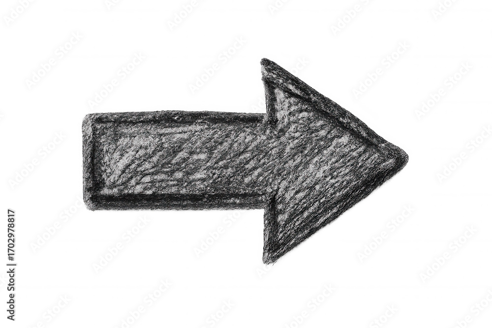 Fototapeta premium Black hand-drawn arrow pointing rightward, sketched with pencil texture against transparent backdrop