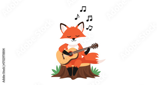 Adorable fox playing guitar and singing happily amidst musical notes in a forest setting