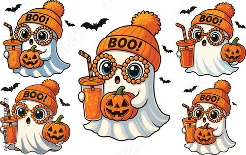 Cozy Boo Ghost with Pumpkin Halloween Sticker