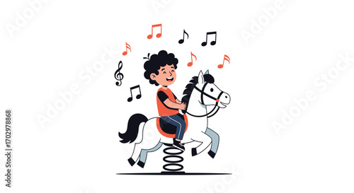 Joyful child with curly hair rides a spring horse surrounded by playful music notes