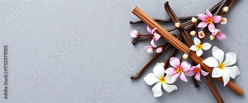 Fragrant vanilla bean sticks and delicate blossoms arranged on a textured grey backdrop, texture, background