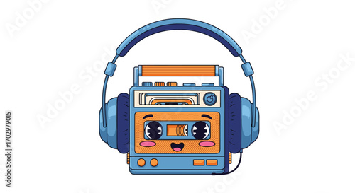 Retro boombox character with headphones playing music, fun nostalgic audio vibe