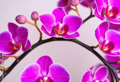 Delicate orchid blossoms, vibrant hues against soft, light background, purple, wallpaper