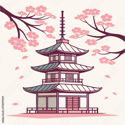 Japanese pagoda structure with cherry blossom branches and leaves on a light cream background