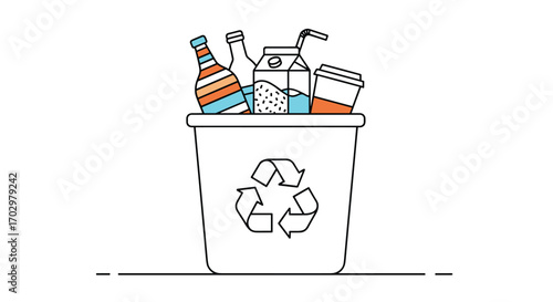 Recycling bin overflow with colorful bottles, cartons, and cups promoting eco-friendly waste management