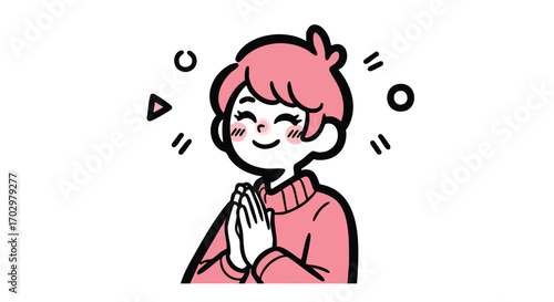 Delightful anime girl expresses gratitude with heartfelt hands together and happy smile of appreciation