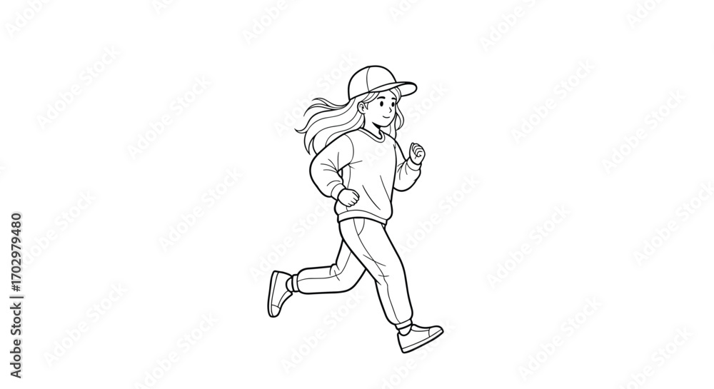 Fototapeta premium Energetic girl in casual outfit happily running outdoors, capturing active lifestyle and freedom