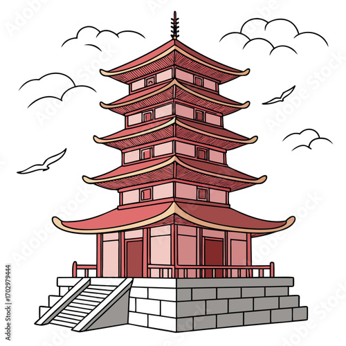 Reddish pagoda stands tall against a white backdrop with birds and clouds present