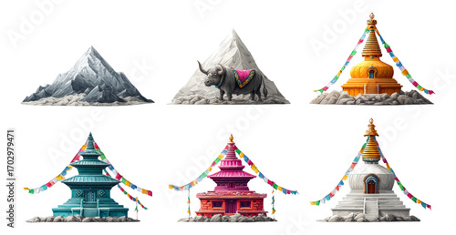 Wallpaper Mural Set of Colorful Mountains and Temples with Prayer Flags on Isolated Transparent Background Torontodigital.ca
