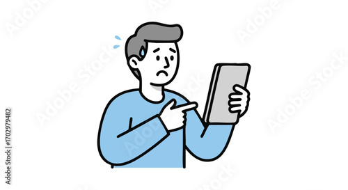 Worried man pointing at tablet screen, showing concern and confusion with sweat drops