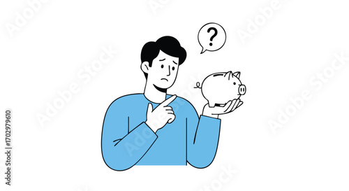Confused man holding piggy bank pondering savings and finances during economic uncertainty times
