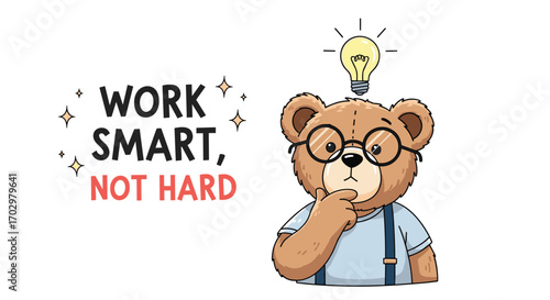 Cute thinking bear with lightbulb gets brilliant idea for work smart not hard success