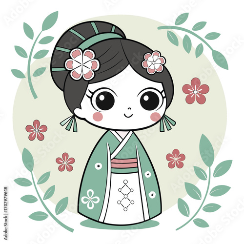 Charming Asian girl wearing traditional kimono stands among delicate floral branches against a gentle background