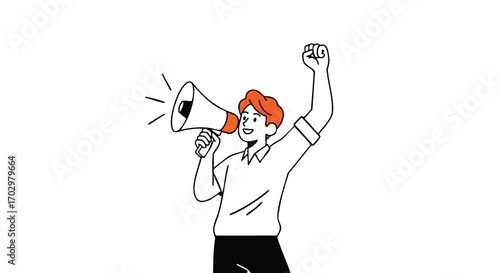 Dynamic person with megaphone announces exciting news, raising fist in triumph and celebration