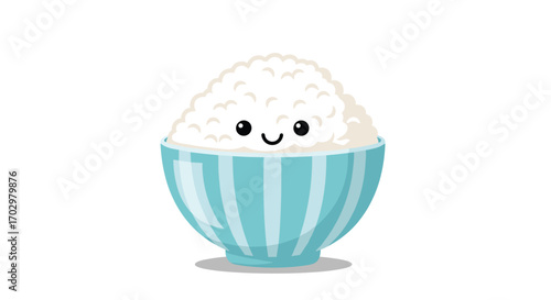 Adorable kawaii rice bowl character with happy smiling face brings joy to any design