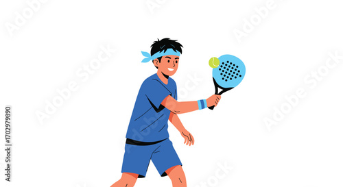 Dynamic young athlete in blue sportswear striking a tennis ball with a paddle racket on white background