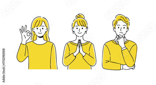 Diverse people express positive emotions and contemplation in bright, modern style for business concepts