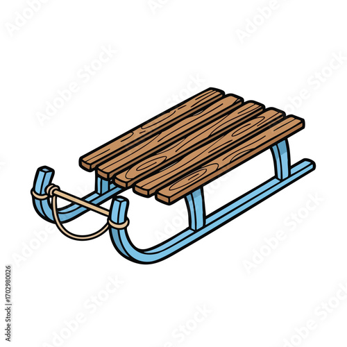 Classic Wooden Sled with Blue Metal Runners and Rope.