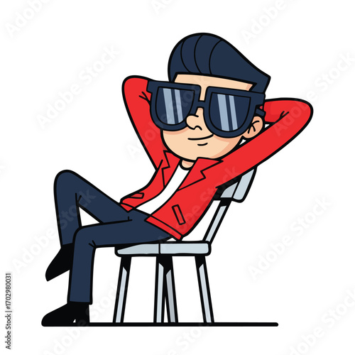 Relaxed Cartoon Man in Sunglasses and Red Jacket Sitting.