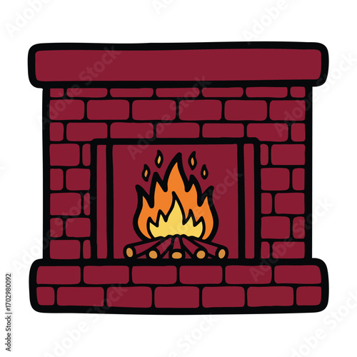 Cartoon Illustration of a Cozy Brick Fireplace with Flames.