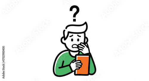 Confused person with question mark above head holding tablet, expressing worry and uncertainty