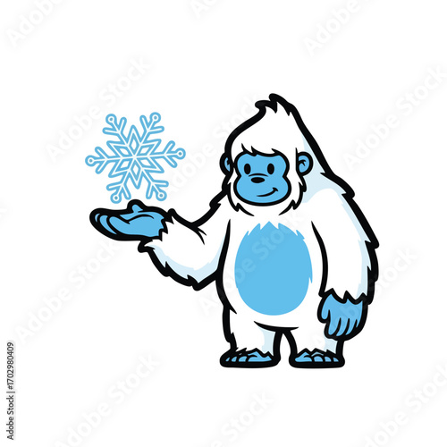 Cartoon Yeti Holding a Snowflake Winter Creature Illustration.