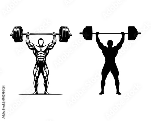 Illustration of a Silhouette and Muscles of a Man Lifting a Barbell