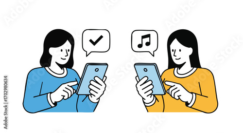 Two women sharing digital content and messages on their smartphones, connecting visually