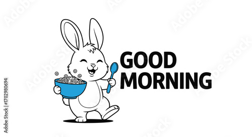 Joyful cartoon bunny happily eating cereal and spoon, wishing everyone a great morning!
