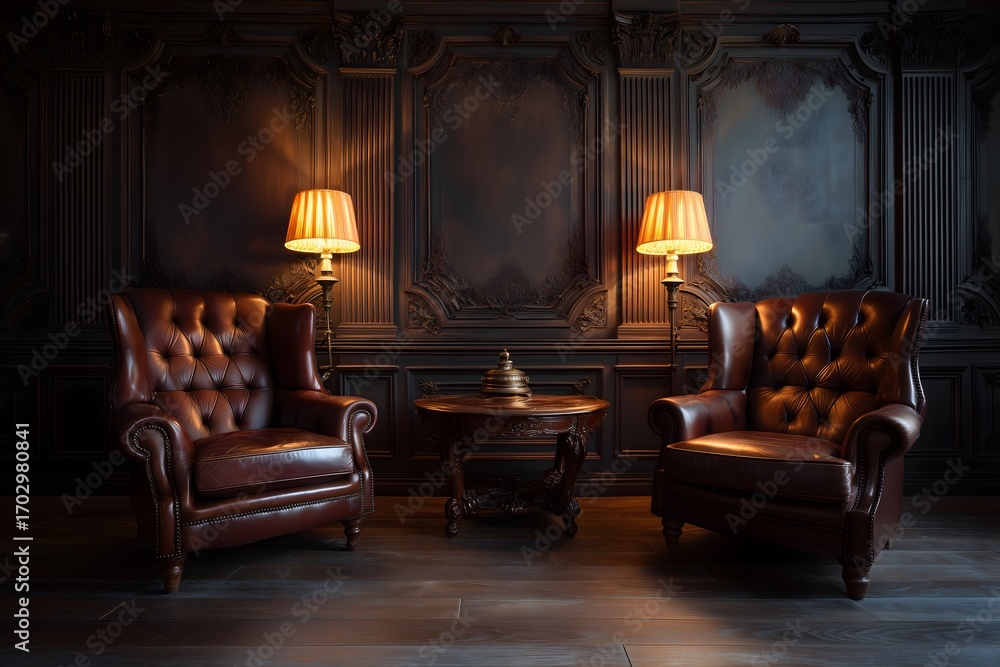 Fototapeta premium Classic room with dark wood paneling and two leather armchairs