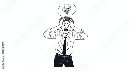 Overwhelmed businessman panics with hands on head, swirling thoughts indicating extreme stress and crisis