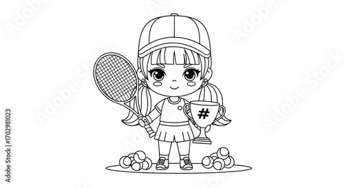 Joyful young tennis champion celebrating victory with trophy and racket, ready for action