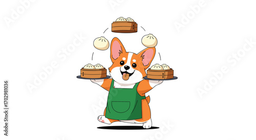 Joyful corgi chef juggles delicious dim sum, bringing culinary delight and smiles to your table
