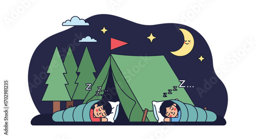 Children peacefully sleeping in sleeping bags inside a tent under a starry night sky