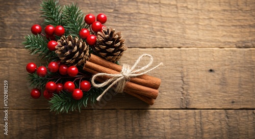 Festive Holiday Arrangement with Cinnamon Sticks and Pine Cones