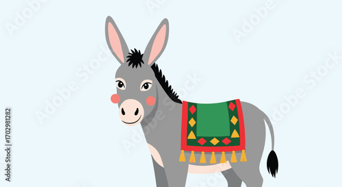 Adorable cartoon donkey with colorful saddle, perfect for playful designs and children's content