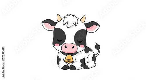 Adorable cartoon cow with bell resting peacefully, perfect for children's designs