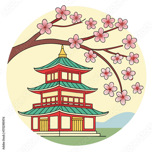 Charming pagoda and pink cherry blossoms create serene within a circular background