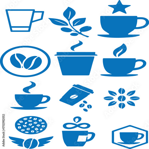 Vector illustration of Collection of blue coffee and tea icons on white background