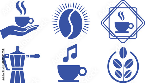 Vector illustration of Collection of blue coffee-themed icons on white background