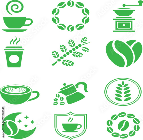 Vector illustration of Green Coffee Icons: Cups, Beans, and More