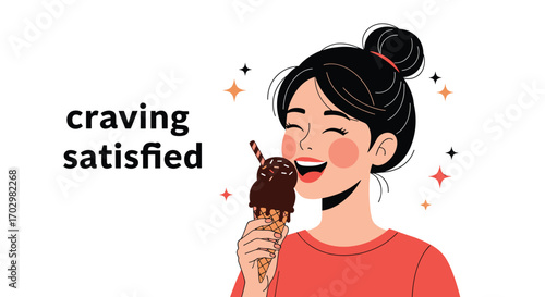 Joyful woman relishing a delicious chocolate ice cream cone with eyes closed in delight