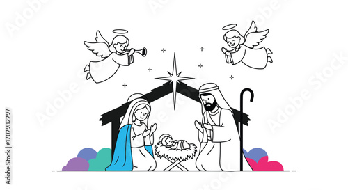 Joyful nativity scene with angels celebrating baby jesus birth under star in manger