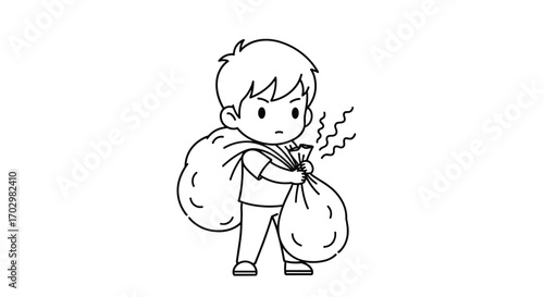 Frustrated kid carrying heavy bags of trash, feeling overwhelmed with chores and responsibilities