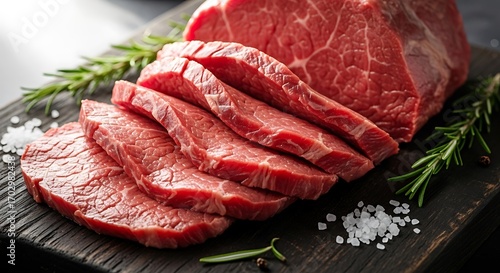 Fresh Red Raw Beef Steak Slices on Black Wooden Board Garnished with Rosemary and Sea Salt