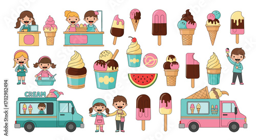 Delightful collection of ice cream treats, vendors, and trucks for summer fun and sweet promotions.