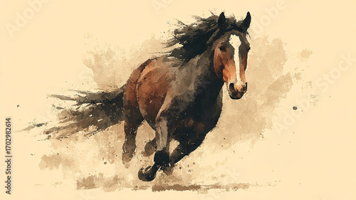 水彩風 馬のイラスト 力強く走る干支デザイン/Watercolor Style Running Horse Illustration – Dynamic Zodiac Design Generative AI