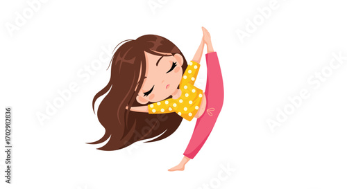 Graceful young dancer mastering a challenging split with serene focus and flowing hair
