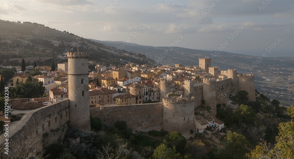 Obraz premium Aerial View of Medieval Walled Town, Fortress, and Tower